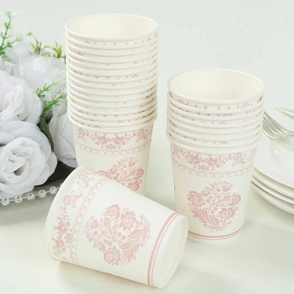 24 White and pink Round French Toile Floral Paper Cups