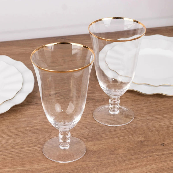 6 Clear Wine Glasses 16oz Gold Rimmed Design with Short Beaded Stem