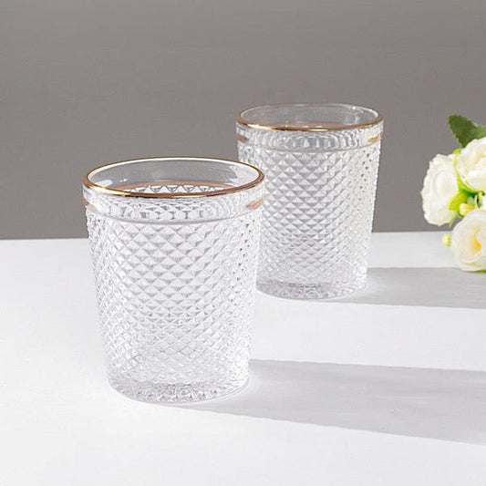 6 pack 11 oz Clear Tumbler Glasses Hobnail Design with Gold Rim