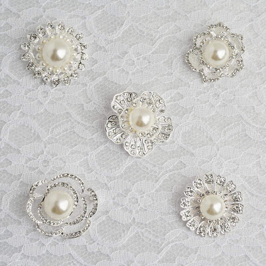 5 Silver Flowers Rhinestones with Pearls Assorted Pins Brooches