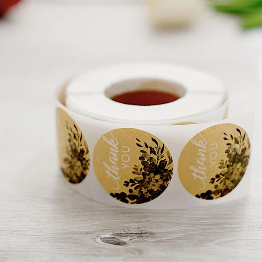 500 Natural and White Thank You 1.5 in Round with Greenery Stickers Roll