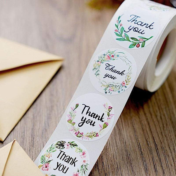 500 White with Black Thank You 1.5 in Round Floral Stickers Roll