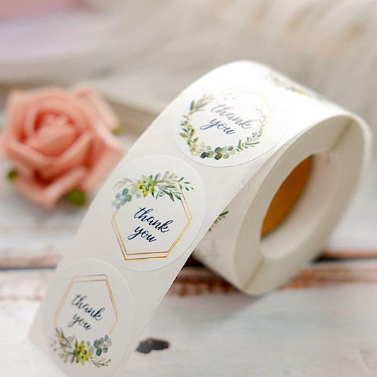 500 White with Black Thank You 1.5 in Round Greenery Frame Stickers Roll