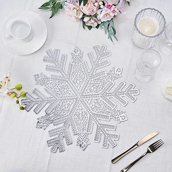 6 Silver 18 in wide Snowflake Design Round Vinyl Placemats