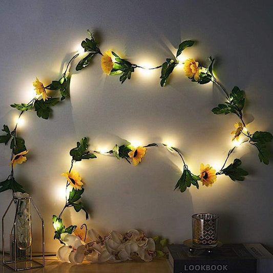 8 feet Yellow Sunflowers Greenery Fairy Lights Battery Operated LED Garland