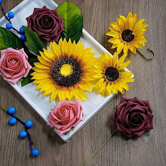 Yellow Silk Sunflowers and Burgundy Pink Foam Roses Faux Flowers Box