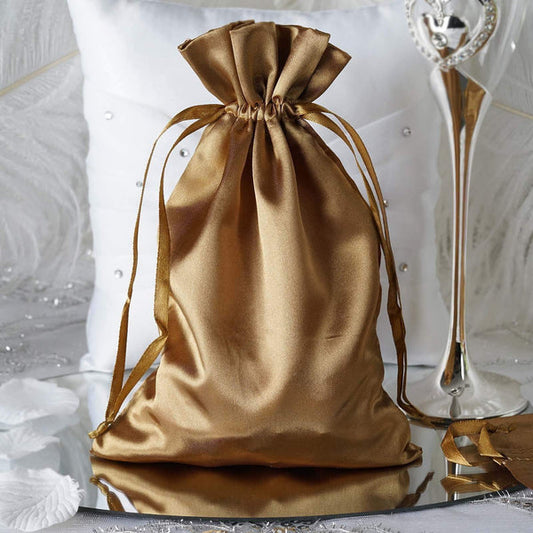 12 pcs Antique Gold 6x9" Satin Favor Bags with Pull String