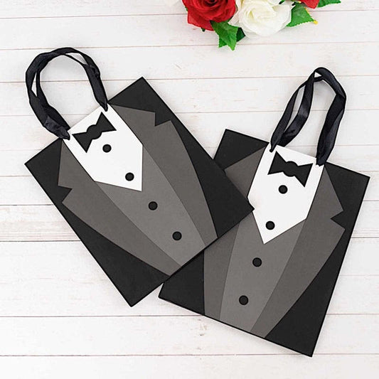 12 Black and White Tuxedo Paper Gift Tote Bags with Satin Handles