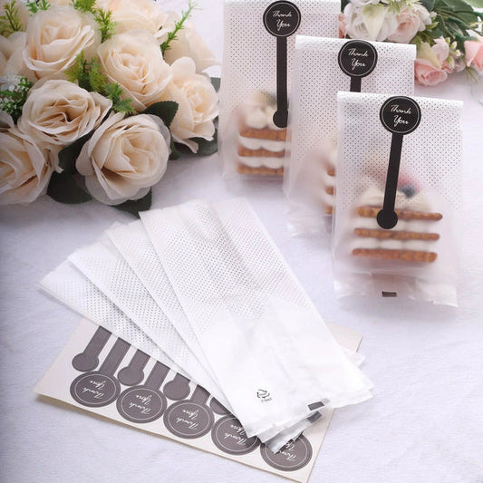 50 Clear 3x9 in Black Dotted Plastic Treat Bags with Thank You Paper Stickers