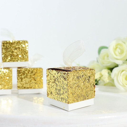 25 Gold 2 in Mini Gift Boxes Sequin Glittered Favor Holders with White Ribbon