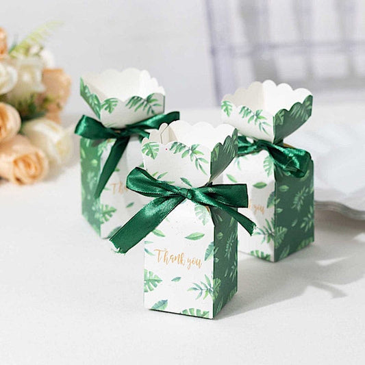 25 White Leaves Print Favor Gift Boxes with Green Satin Ribbon