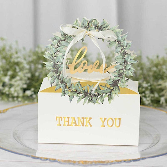 25 White Love Wreath Party Favor Gift Boxes with Ribbon