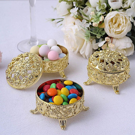 12 Metallic Gold 2.5 in Mini Round Candy Gift Boxes Vintage Favor Holders