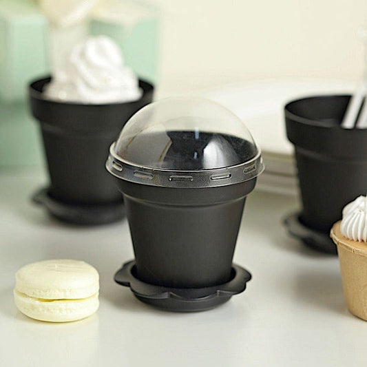 12 Mini Flower Pots Dessert Cups with Clear Lid and Shovel Spoon
