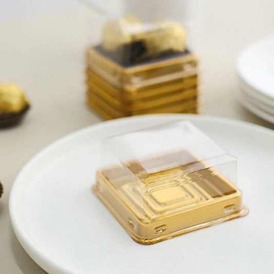 50 Gold 3 in Square Mini Cupcake Boxes with Clear Dome Plastic Favor Holders