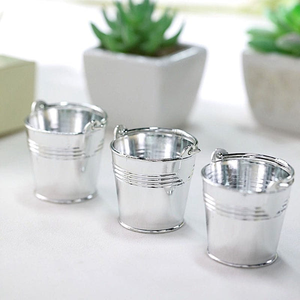 12 Silver 2 in Mini Pail Bucket Planter Party Favor Candy Gift Holders
