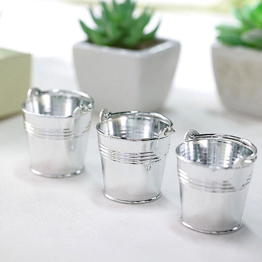 12 Silver 2 in Mini Pail Bucket Planter Party Favor Candy Gift Holders