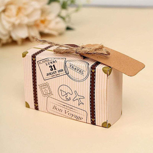 24 Light Brown Favor Boxes Travel Suitcase Design with Tags