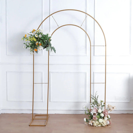 Gold 8 feet Metal Floral Display Frame Round Top Double Arch Backdrop Stand
