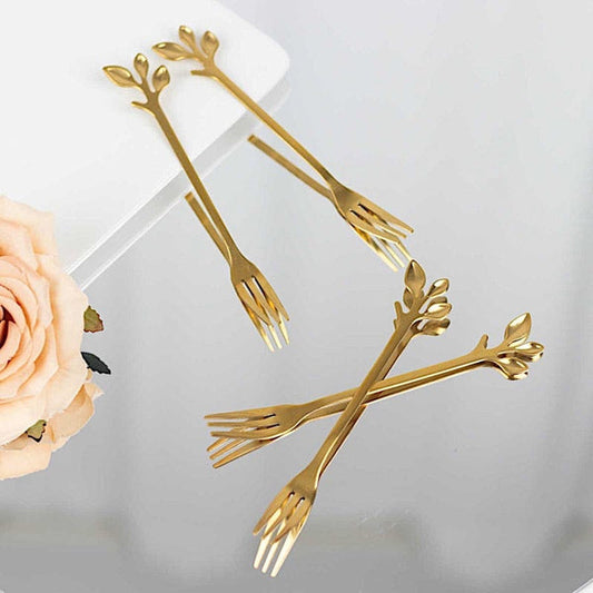4 Gold Metal Appetizer Dessert Forks with Leaf Handles