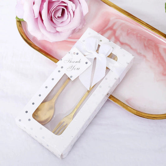 Gold 5 in Metal Spoon and Fork Favors Set with Leaves Shaped Handles and Gift Box