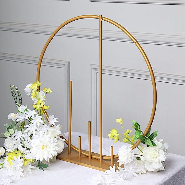 Gold 24 in Round Metal Floral Hoop with Pillars Standing Wreath Table Centerpiece
