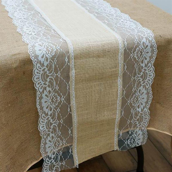 14x108 in Lace and Burlap Table Top Runner Wedding Party Linens