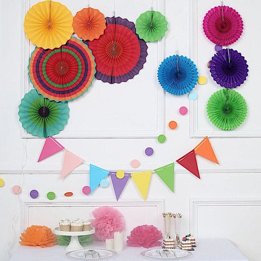 Assorted Paper Fans with Garlands and Pom Poms Wall Hanging Decorations