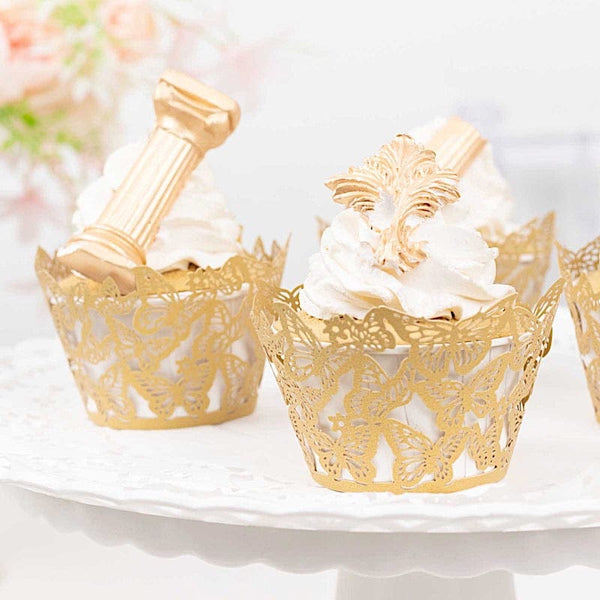 25 Gold Paper Cupcake Wrappers Butterfly Lace Design Muffin Liners