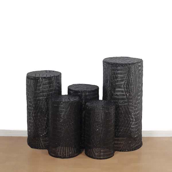 5 Cylinder Pedestal Mesh with Geometric Embroidered Sequins Display Stand Covers Set
