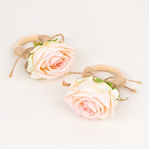 4 Natural Round Wood Napkin Rings with Jute and Silk Rose Flower