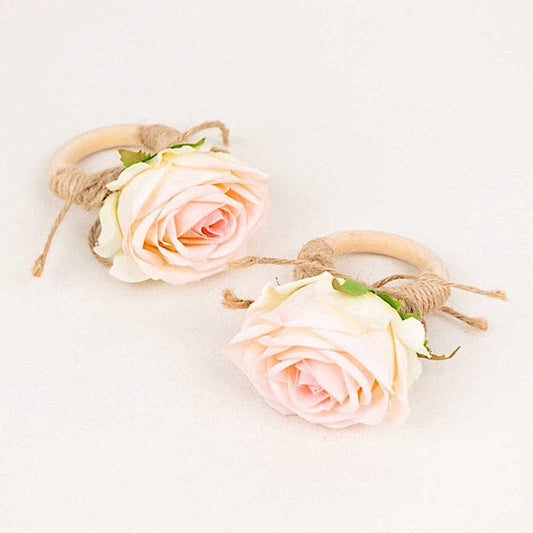 4 Natural Round Wood Napkin Rings with Jute and Silk Rose Flower