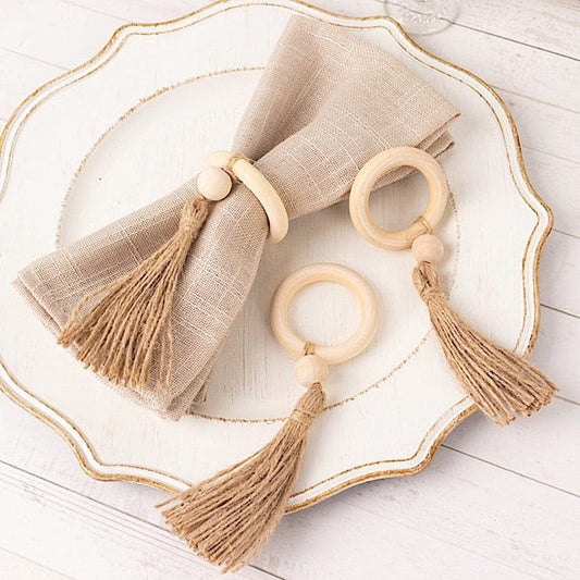 4 Cream Round Natural Wood Napkin Rings with Beaded Woven Jute Tassels