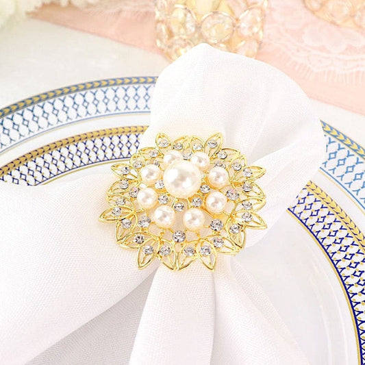 4 Flower Metal Dinner Napkin Rings with Faux Pearls and Rhinestones