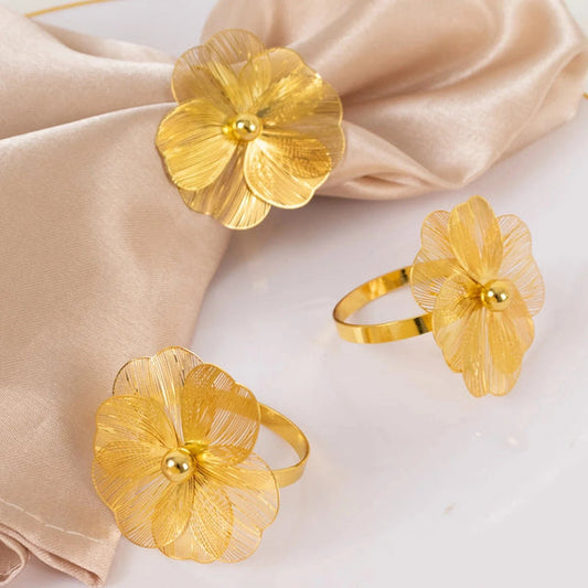 4 Metal Floral Napkin Rings with Pearl Center