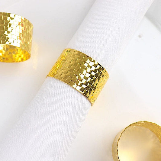 4 Round Metallic Dinner Napkin Rings with Basket Weave Design