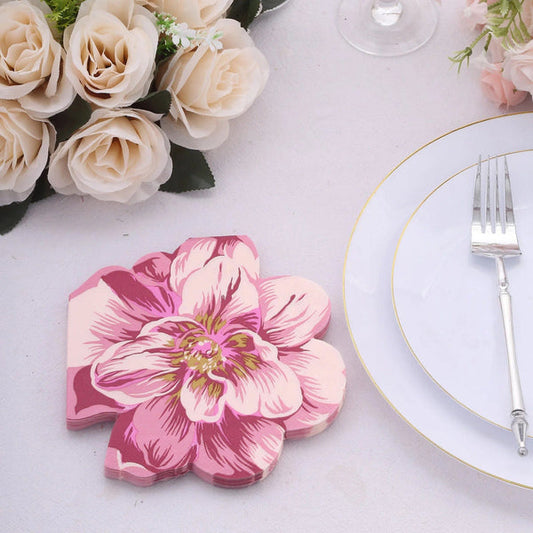 20 Pink Peony Flower Shaped Disposable Cocktail Paper Napkins