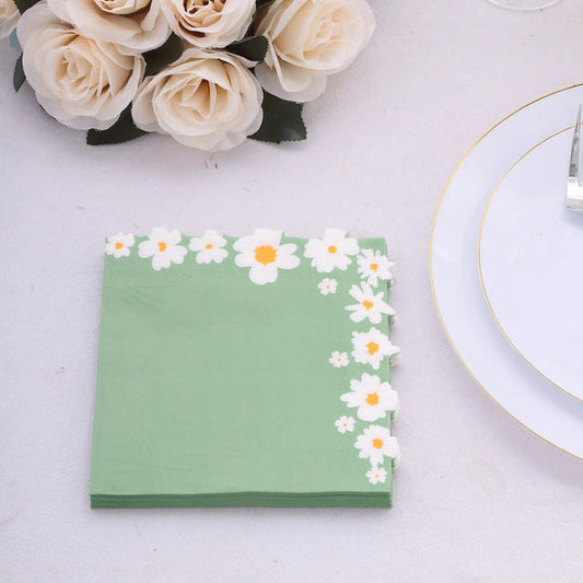 20 Sage Green 13x13 in Dinner Paper Napkins with Daisy Flower Design