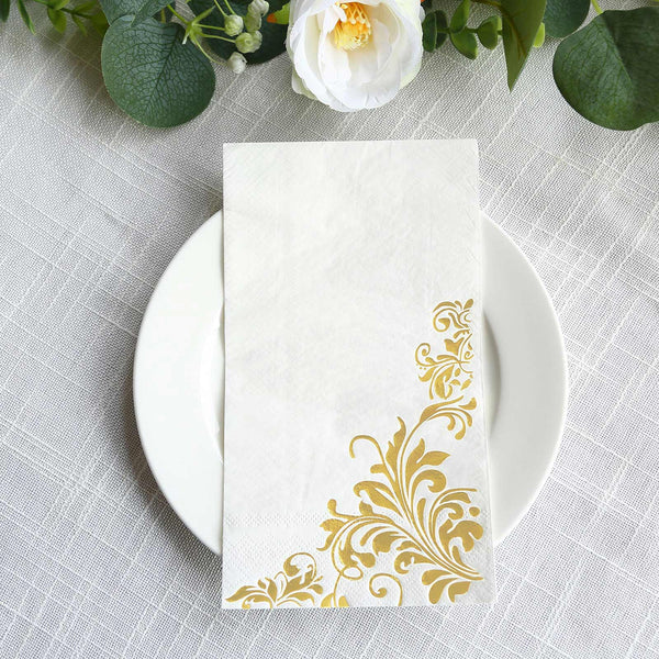 50 White Disposable Paper Napkins with Gold Baroque Floral Print