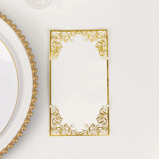 50 White Soft Dinner Paper Napkins with Gold Foil Lace Design