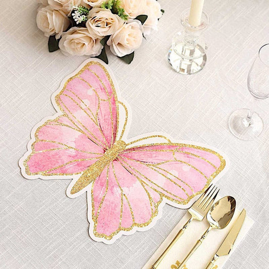 10 Pink with Gold Glitter Butterfly Cardboard Paper Placemats