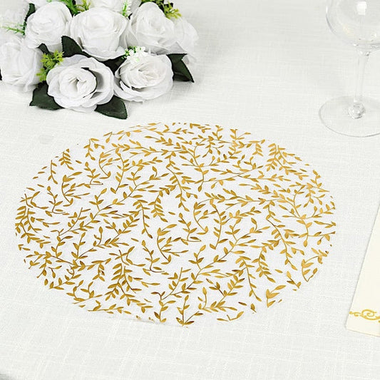 10 White Mesh Organza Round Disposable Placemats with Gold Foil Leaf Vines