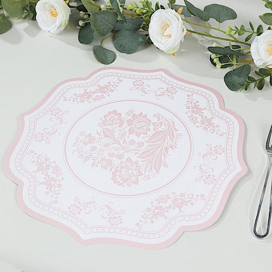 10 White Pink Disposable Cardboard Paper Placemats with French Toile Pattern