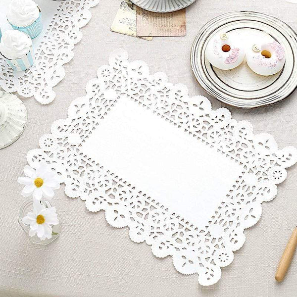 100 White Rectangle Disposable Paper Doilies Placemats with Lace Trim