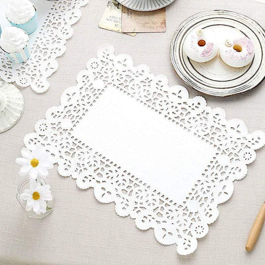 100 White Rectangle Disposable Paper Doilies Placemats with Lace Trim