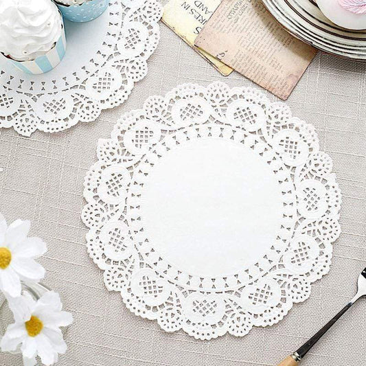 100 White Round Disposable Paper Doilies Placemats with Lace Trim