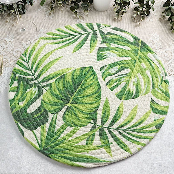 4 Green 15 in Round Woven Cotton Placemats with Tropical Leaf Design