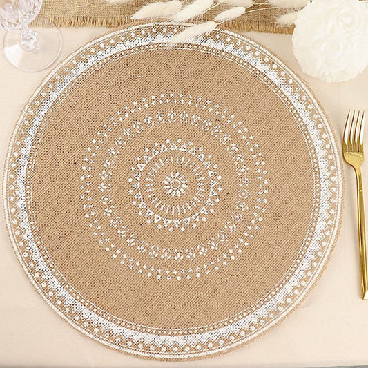 4 Natural 15 in Round Burlap Jute Braided Placemats with White Prints
