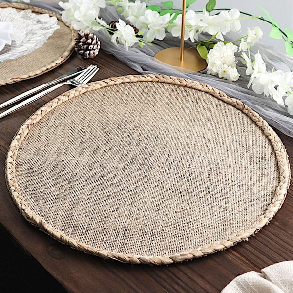 4 Natural 15 in Round Burlap Jute Placemats with Braided Trim