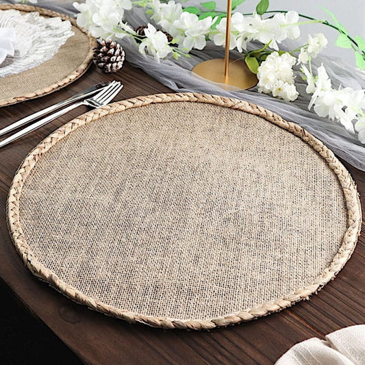 4 Natural 15 in Round Burlap Jute Placemats with Braided Trim